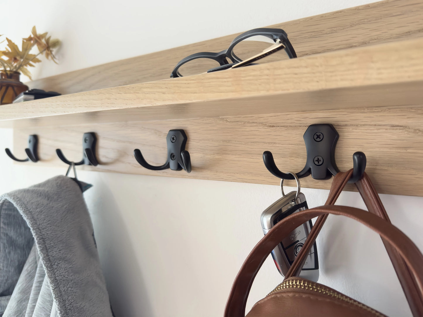 Pickled Oak Key & Coat Rack Organizer