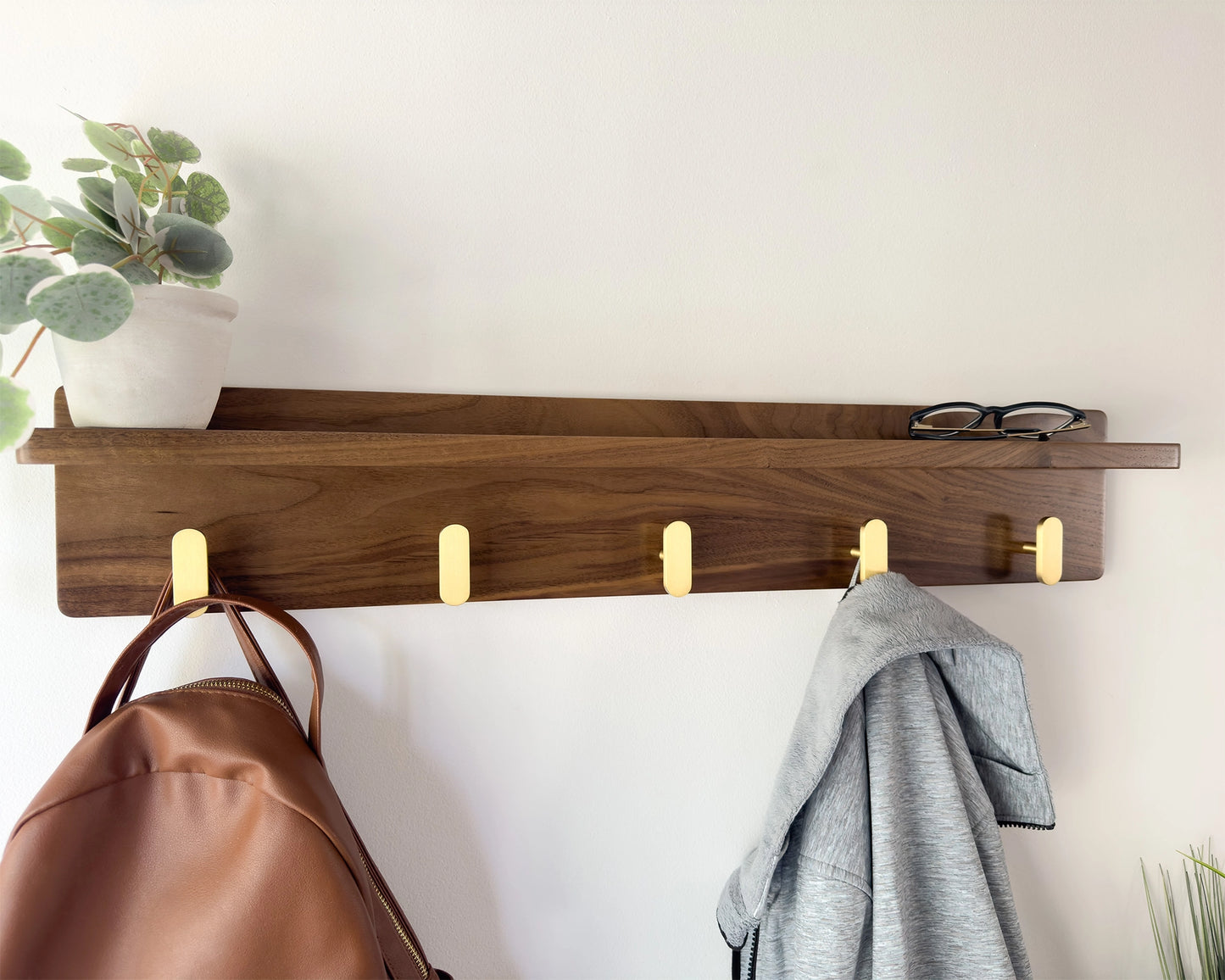 Walnut Entryway Coat Rack With Shelf