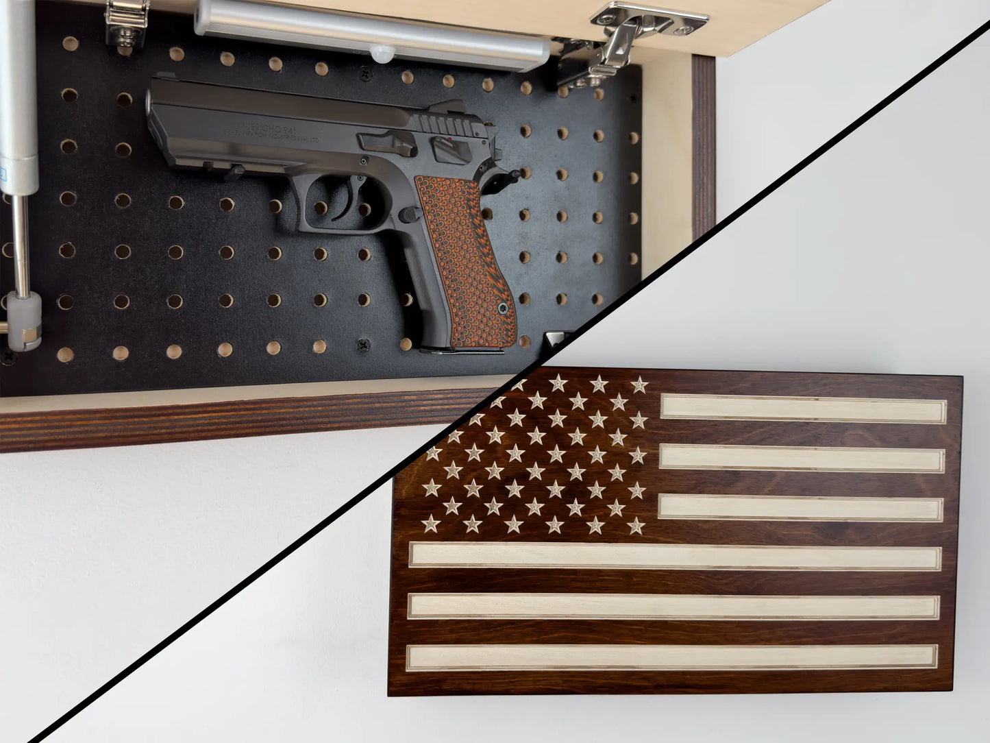 Brown American Flag, Hidden Gun Cabinet, Open and Closed 