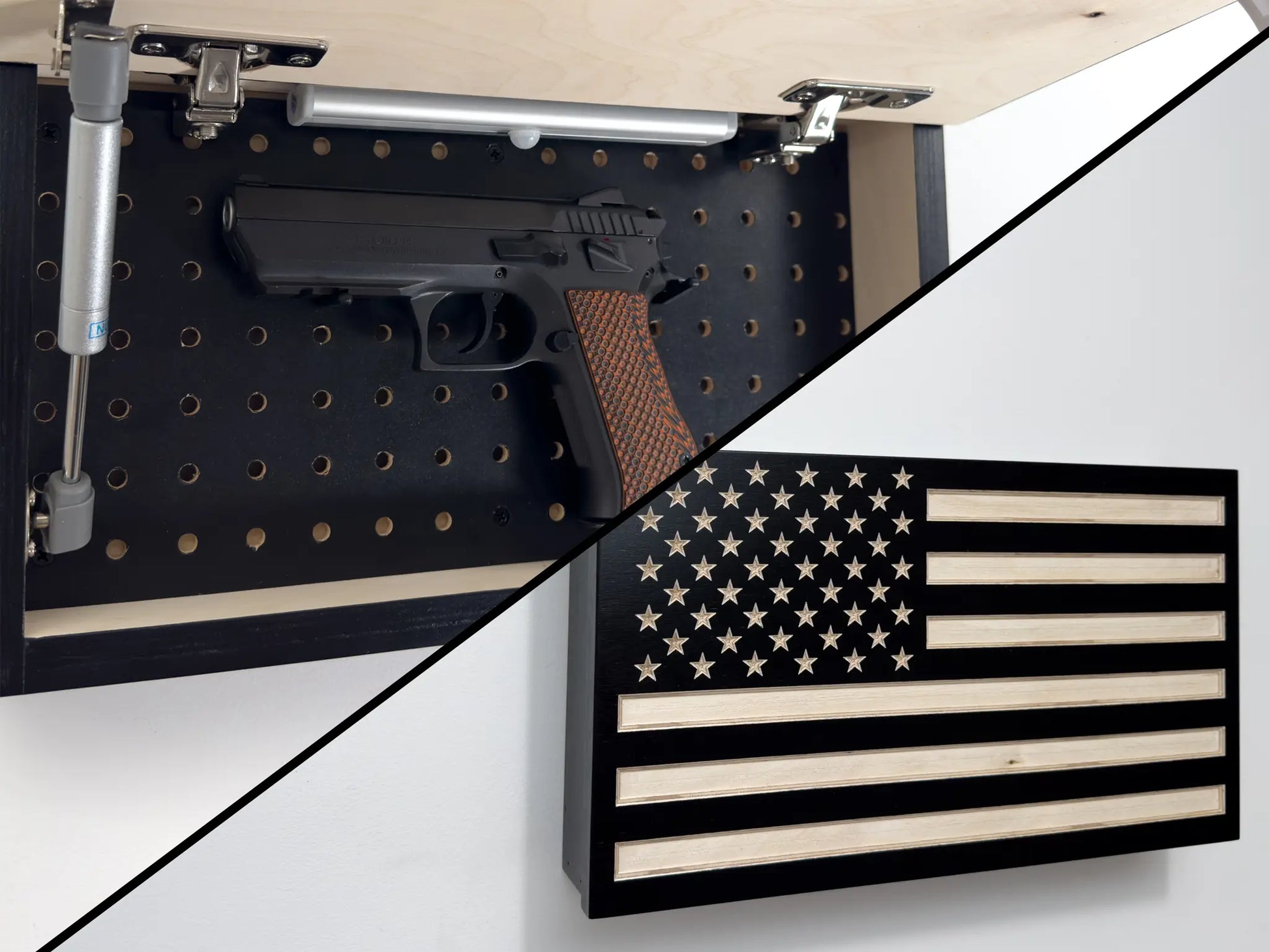 Black American Flag, Hidden Gun Cabinet, Open and Closed