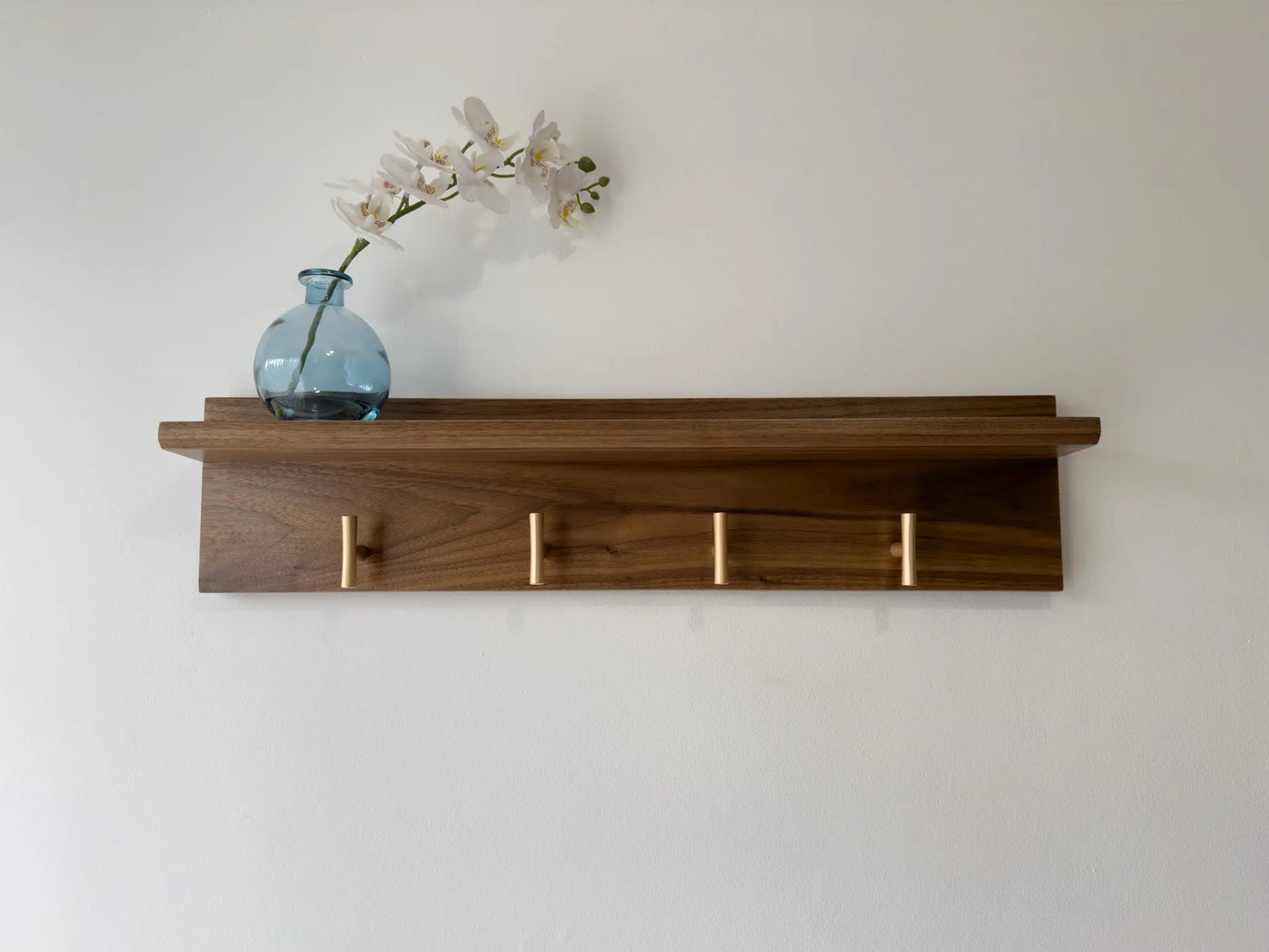 walnut wall mounted coat rack and shelf, champagne t hooks, front view  