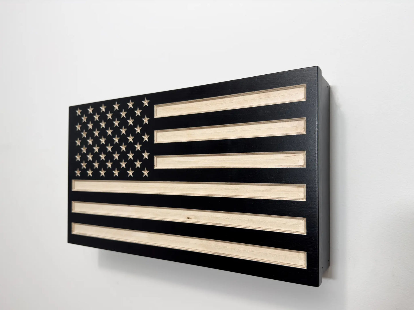 Black American Flag, Hidden Gun Cabinet, Closed view, Close up 