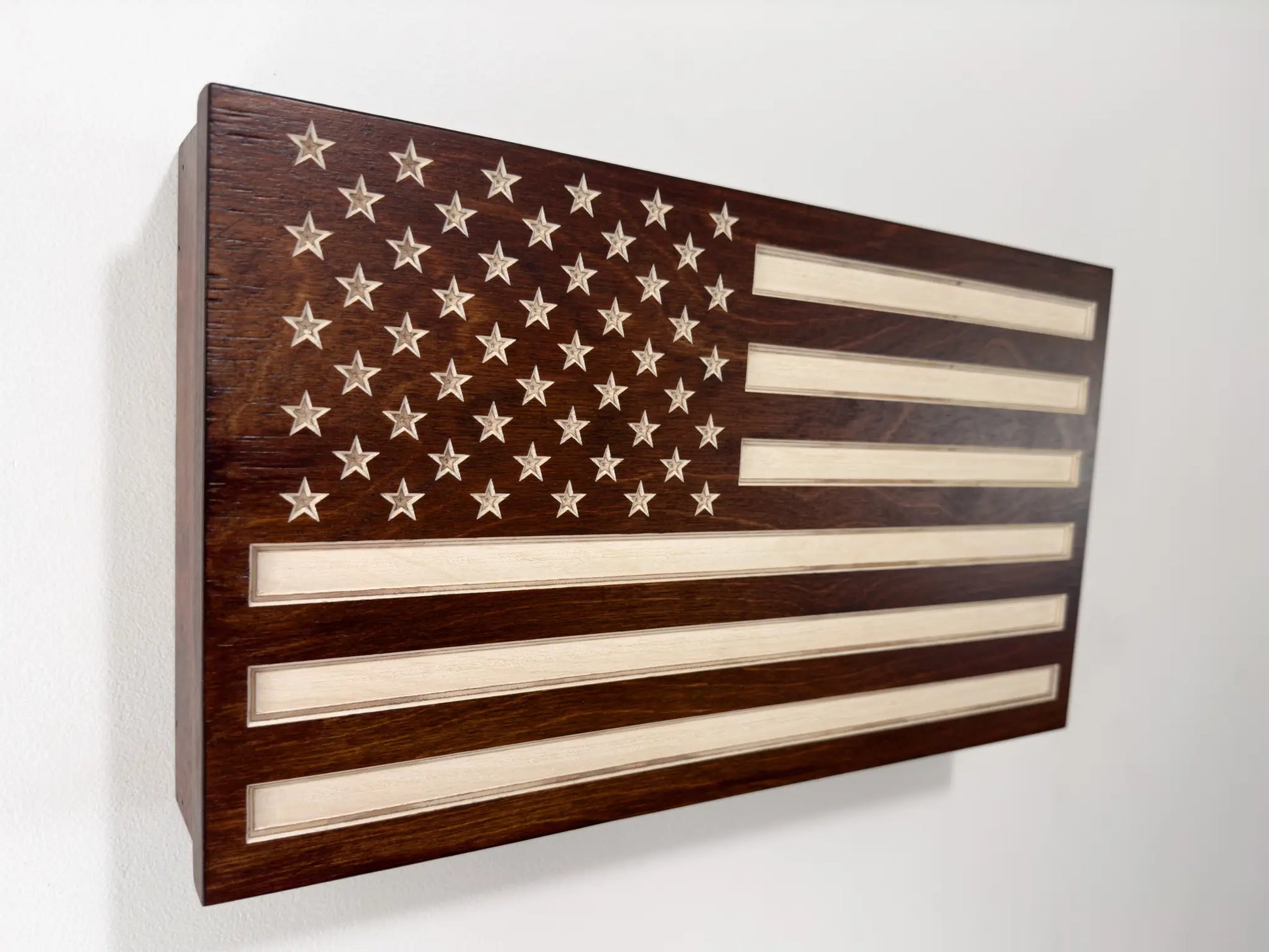 Brown American Flag, Hidden gun storage, Engraving up close 