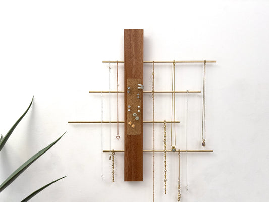 wall mounted jewelry organizer, brass bars with natural cork