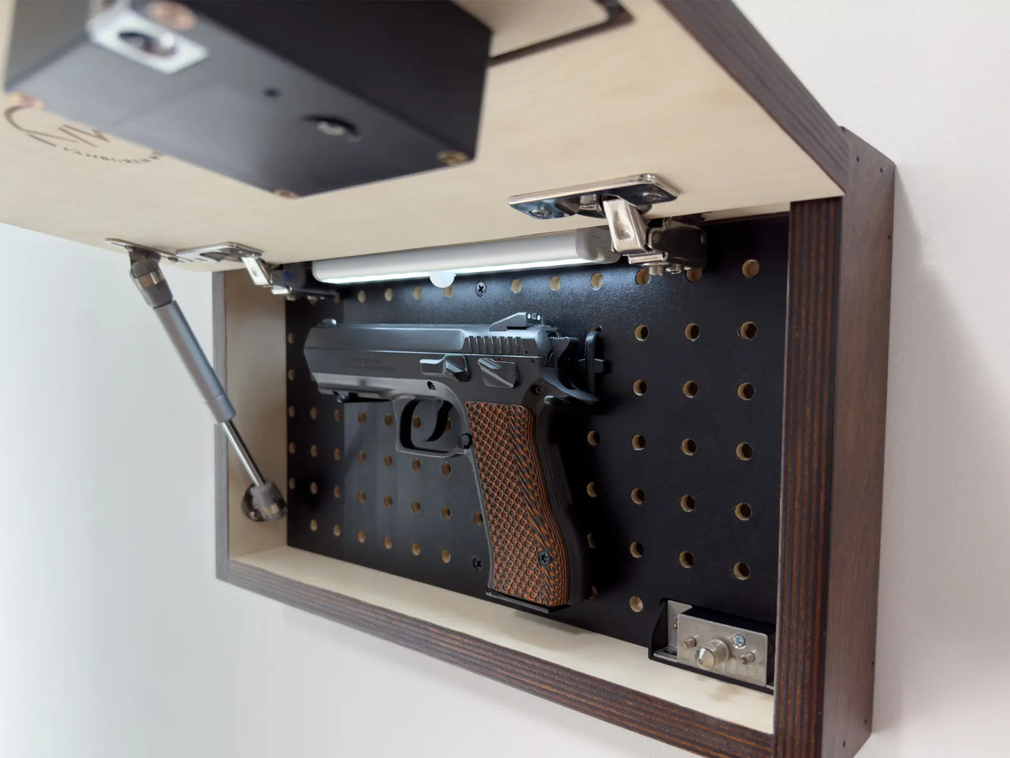 Brown Hidden Gun Storage, up close with lid open 