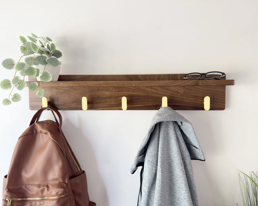 Walnut Entryway Coat Rack With Shelf