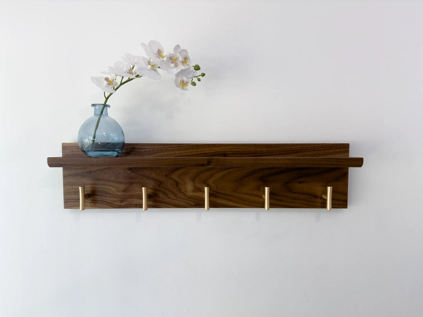 walnut wall mounted coat rack and shelf, champagne t hooks, front view  