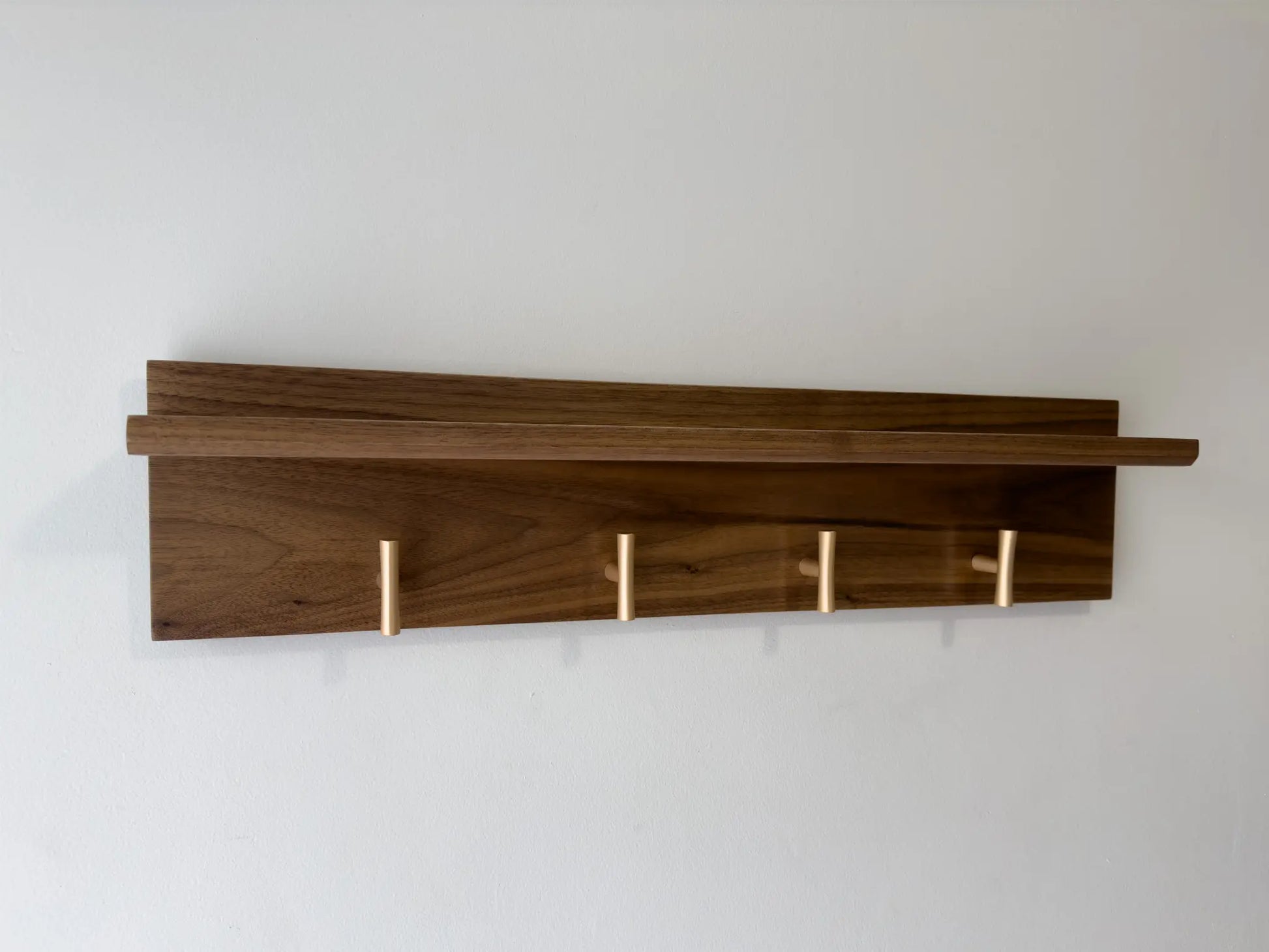 walnut coat rack with shelf, champagne t hooks, front view  