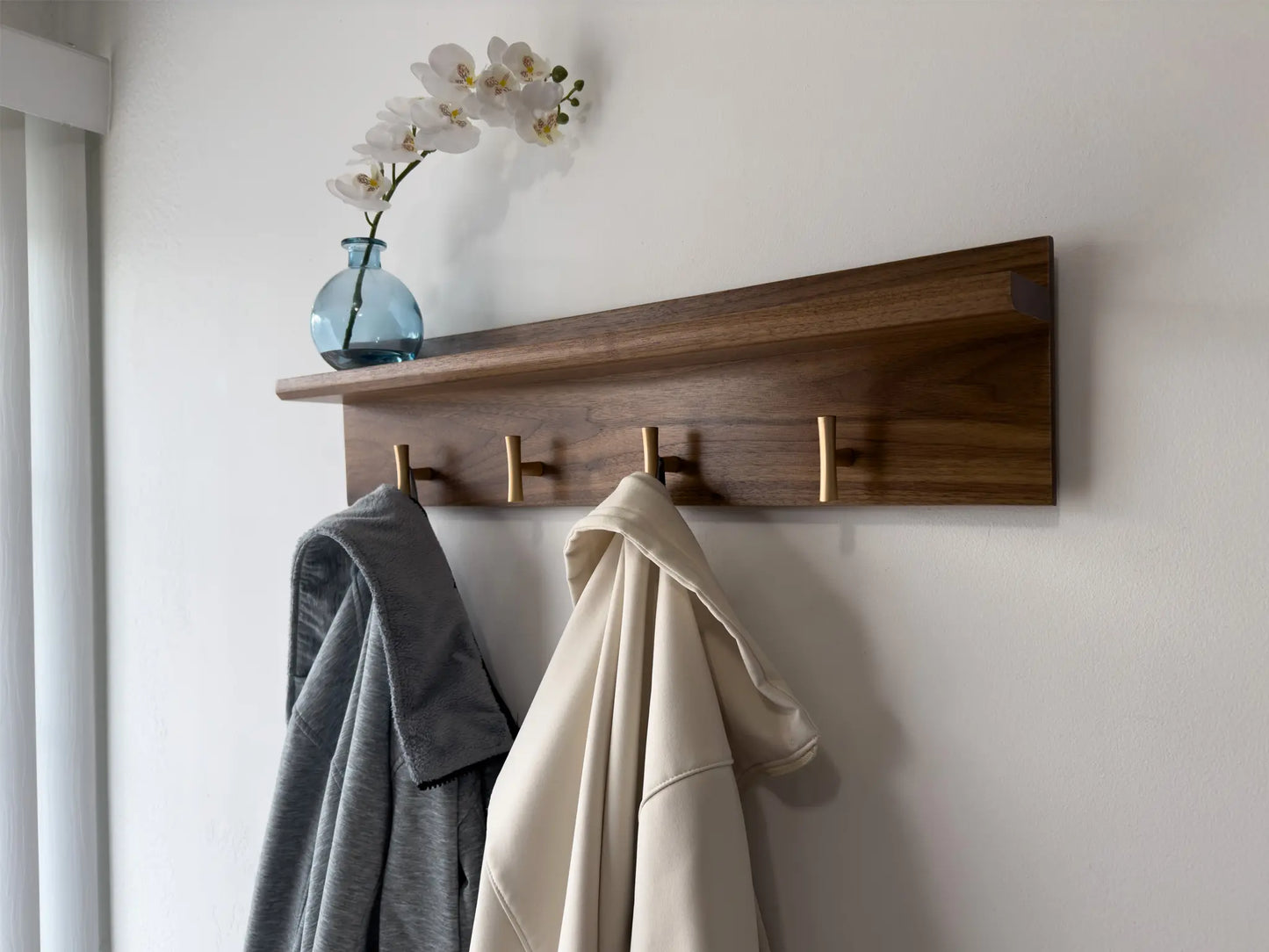 walnut coat rack with shelf, champagne t hooks, angle view 