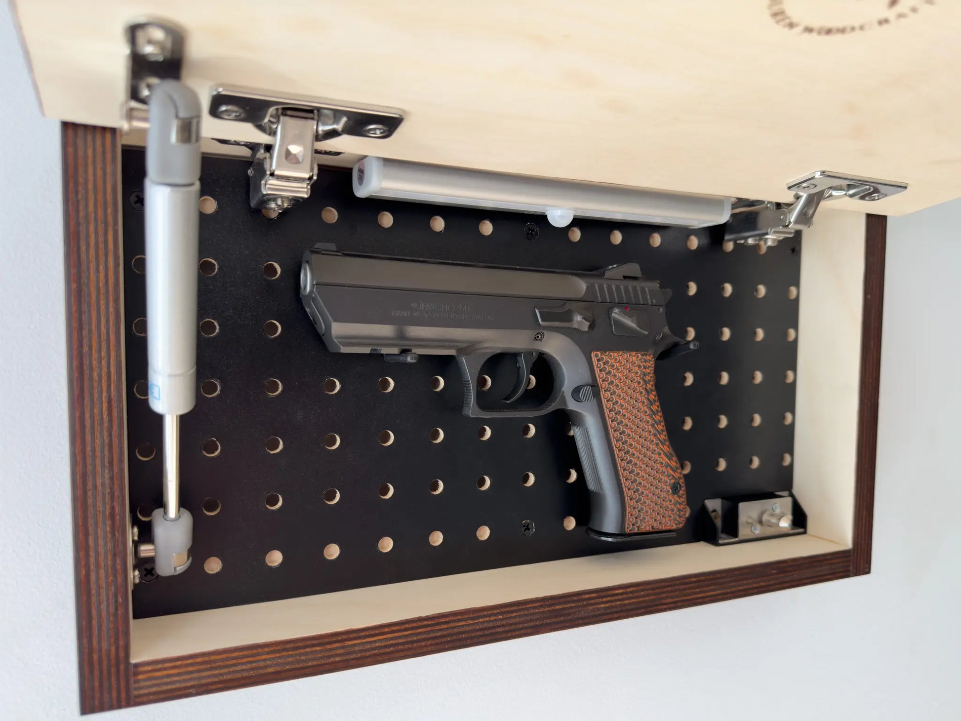 Brown Hidden Gun Storage, up close with lid open 